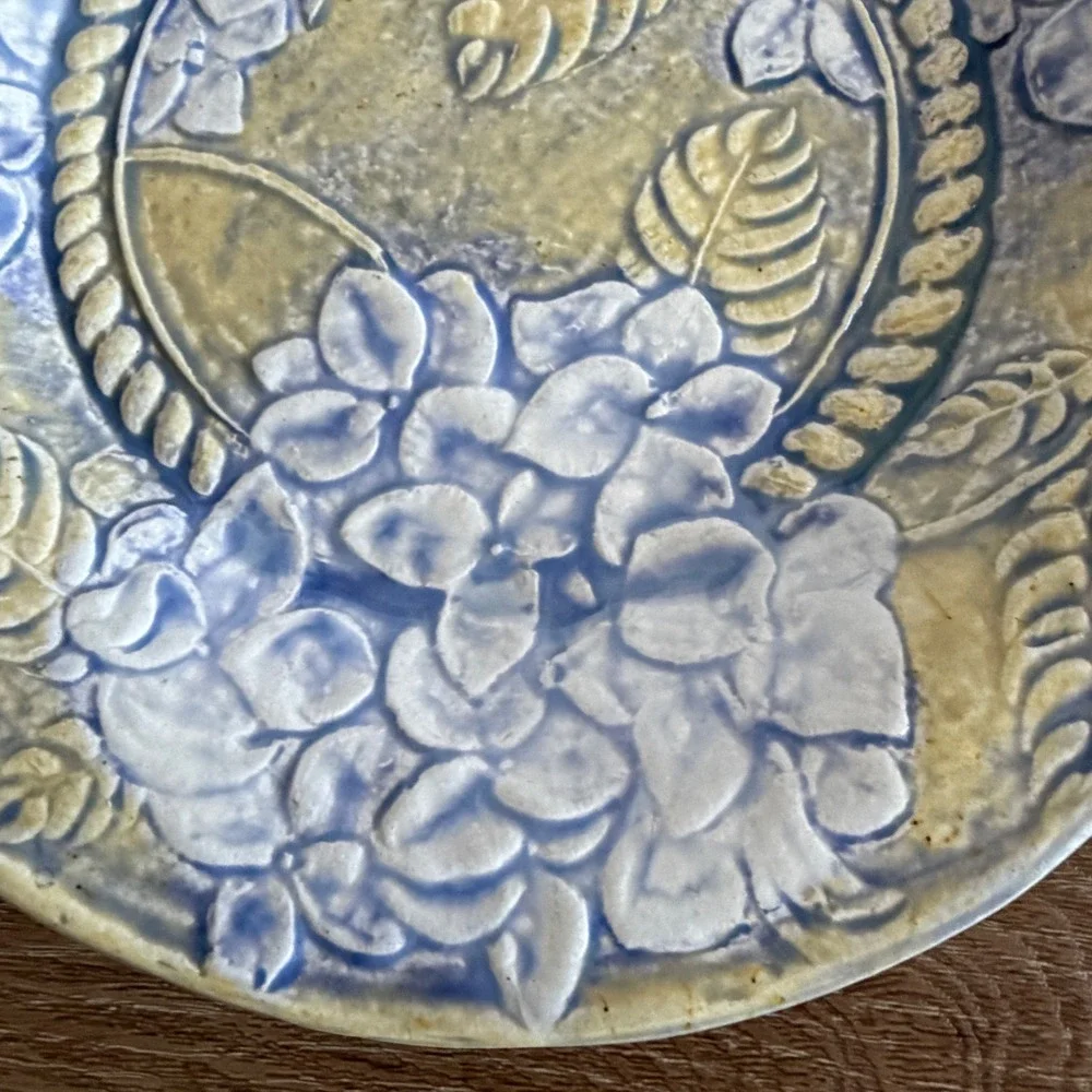 Handmade Studio Pottery Hydrangea Floral Relief Plate Blue Yellow Green 9.25